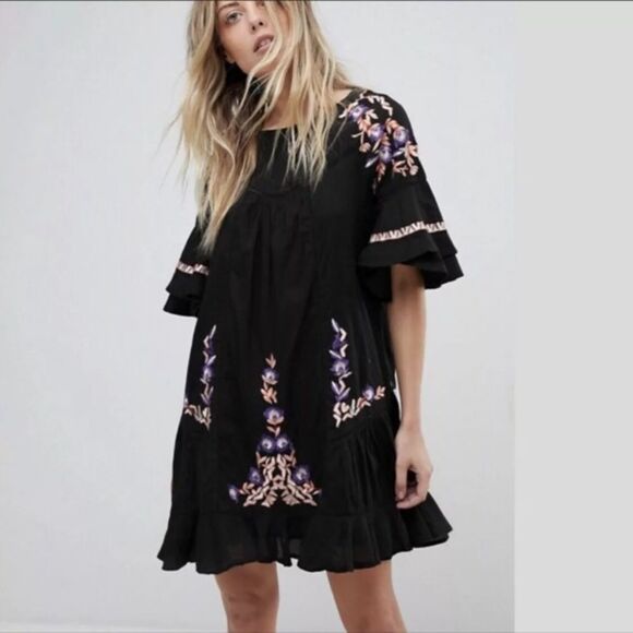 Free People Pavlo embroidered flower black yoke whimsical boho dress - Picture 1 of 5